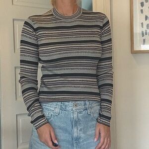 Theory Ribbed Striped Mock Neck Turtleneck Top Gray Blue Black Size M